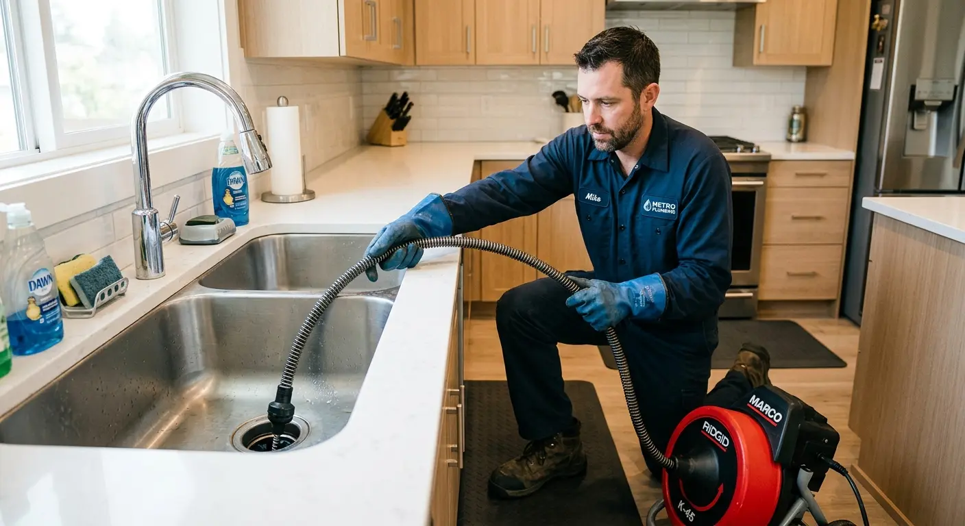 Drain cleaning technician using a motorized snake on a kitchen sink in West Donegal