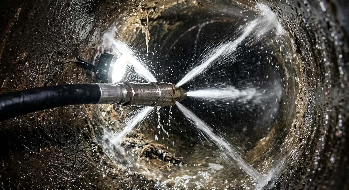 High-pressure hydro jetting nozzle cleaning sewer pipe for Sewer Line Relining in West Donegal