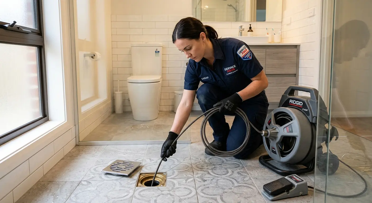Technician clearing a bathroom floor drain for Hydro Jetting in West Donegal
